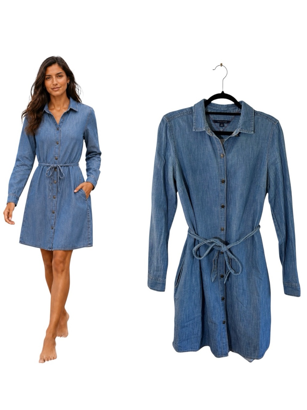 Tommy Hilfiger Blue Chambray Denim Shirt Dress Pockets Tie Size Medium